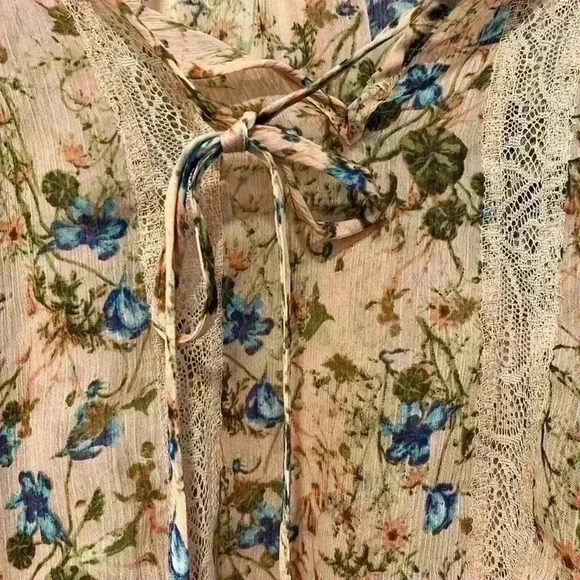 Princess Vera Wang Womens Top Brown XS Gauzy Boho Floral Print Lace Panels EUC - Picture 2 of 11